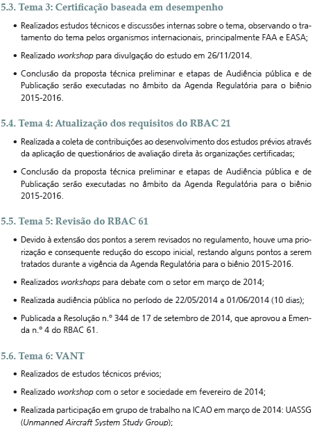 Exemplo parcial da lista de providências executadas, que consta na Agenda Regulatória de 2014 da ANAC