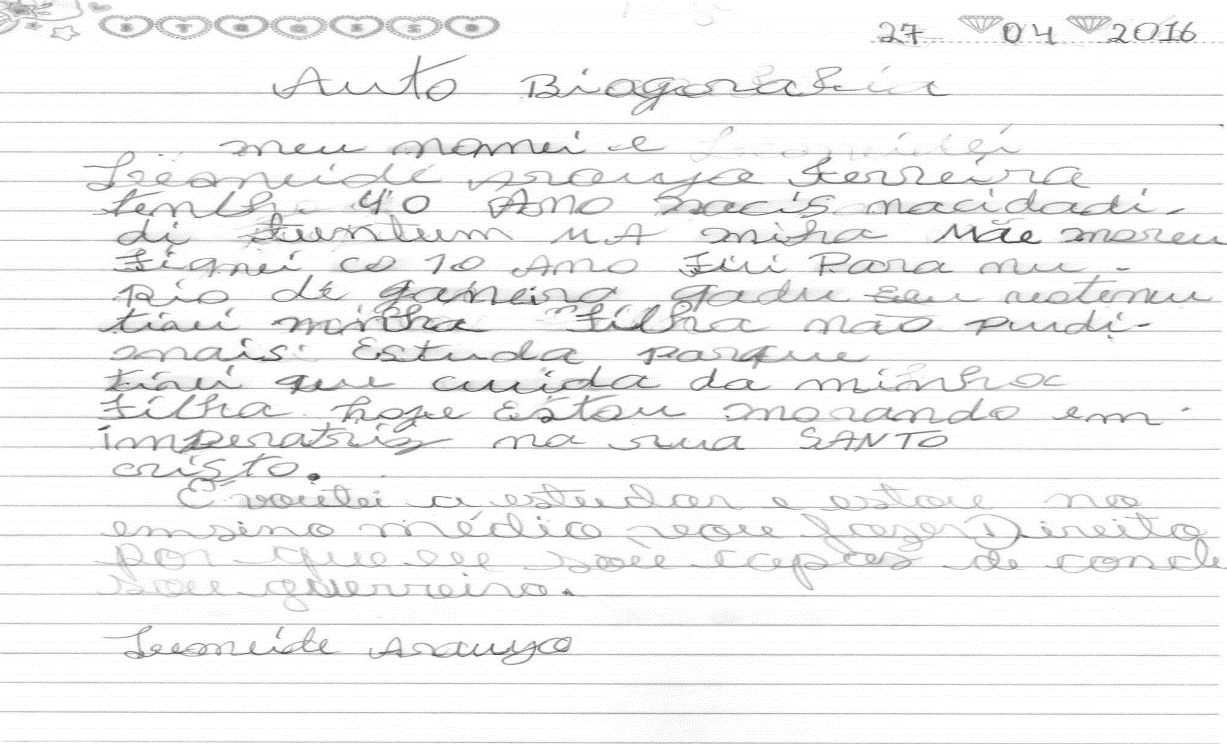 Texto 1 - Texto escrito pela aluna Lemeíde Araújo, aluna do Primeiro Ciclo da EJA, do turno noturno do Centro Educacional Urbano Rocha