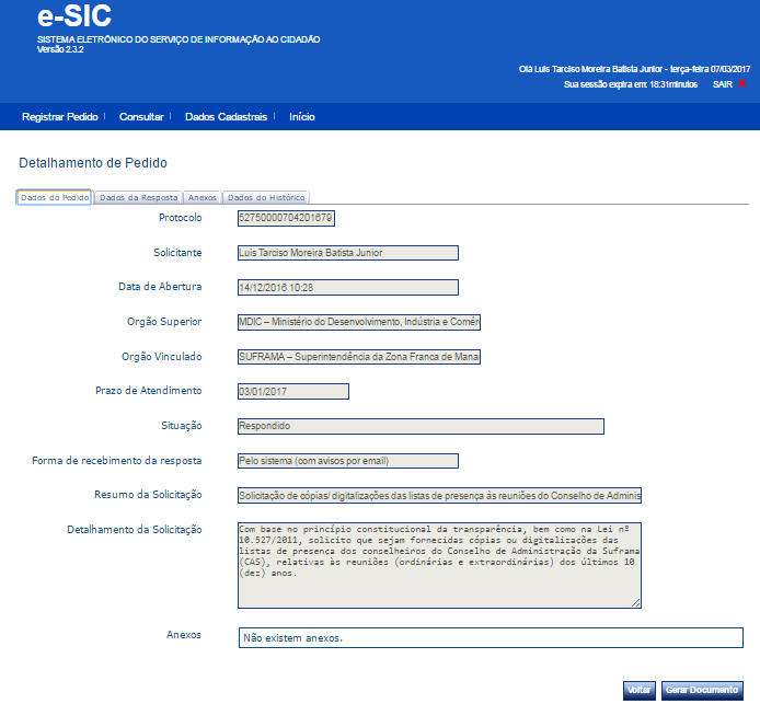 Detalhamento de pedido de informação feito à Suframa no e-SIC (protocolo nº 52750.000704/2016-79). Fonte: sítio eletrônico do e-SIC.