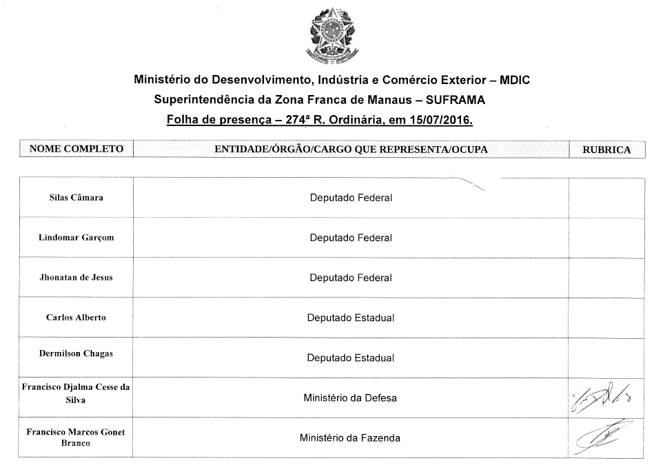 Parte do anexo contido no pedido de informações do protocolo nº 52750.000704/2016-79. Fonte: Superintendência da Zona Franca de Manaus.