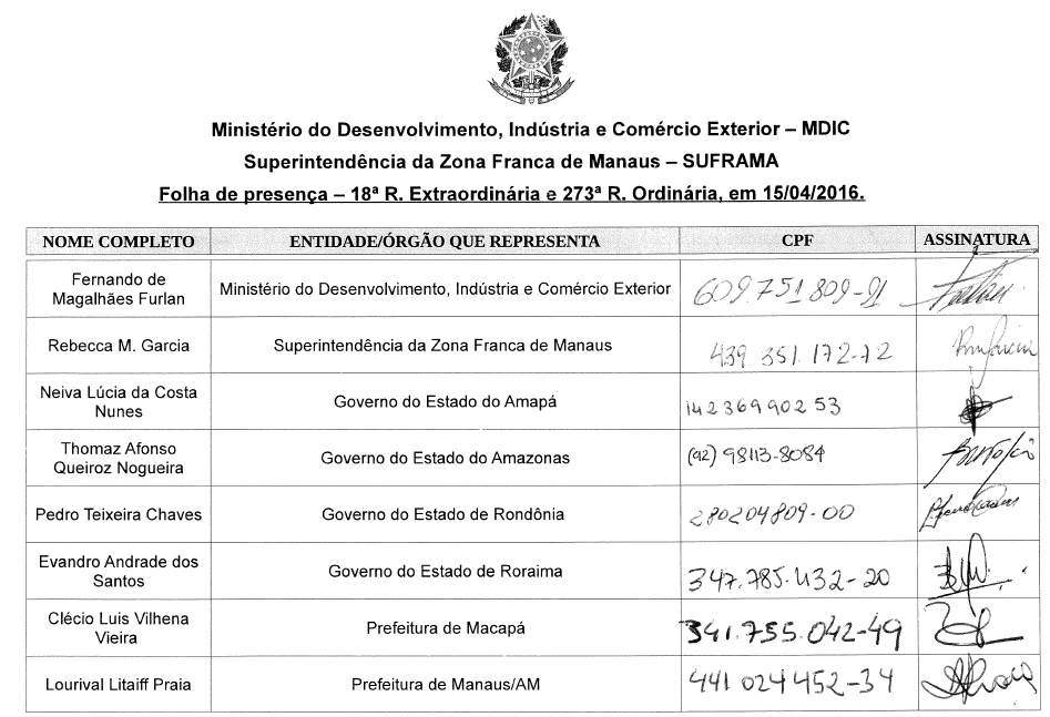 Parte do anexo contido no pedido de informações do protocolo nº 52750.000704/2016-79. Fonte: Superintendência da Zona Franca de Manaus.