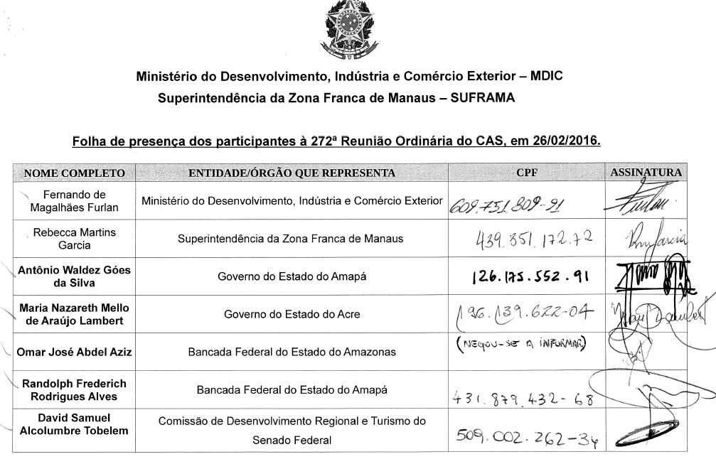 Parte do anexo contido no pedido de informações do protocolo nº 52750.000704/2016-79. Fonte: Superintendência da Zona Franca de Manaus.