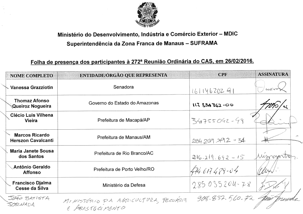 Parte do anexo contido no pedido de informações do protocolo nº 52750.000704/2016-79. Fonte: Superintendência da Zona Franca de Manaus.