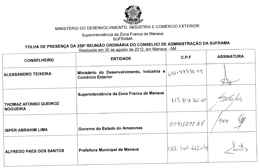 Parte do anexo contido no pedido de informações do protocolo nº 52750.000704/2016-79. Fonte: Superintendência da Zona Franca de Manaus.