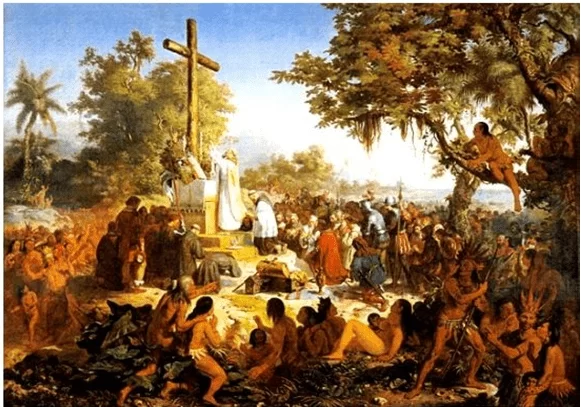 A Primeira Missa no Brasil, em 1861. Óleo sobre tela, 268 x 356 cm, MNBA/RJ. Fonte: Imagem ilustrativa do “Quebra-cabeça Primeira Missa no Brasil”, Bharat Brasil. Disponível em: www.consuladodosbrinquedos.com.br/produto/quebra-cabeca-primeira-missa-no-brasil-1000-pecas-bharat Brasil/ 1349. Acesso em: 19 jun. 2016.