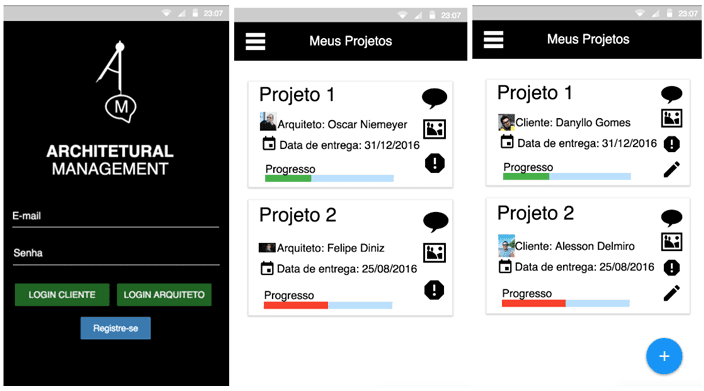 Protótipo mostrando tela de login e telas principais com as visões de arquiteto e cliente