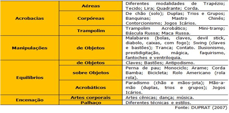Figura 1 - Classificação das modalidades circenses de acordo com as ações motoras gerais