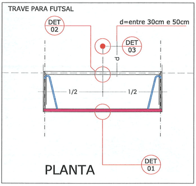 Figura 6 - Localização dos detalhes de ancoragem na trave, para fixação aérea ou no piso. Fonte: Projeto do Autor