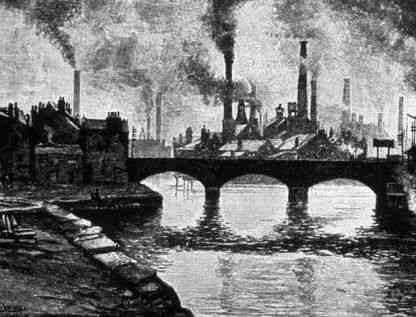 Figura 3 - Ilustração da paisagem inglesa durante a Revolução Industrial. As grandes chaminés expelindo fumaça representava desenvolvimento, tanto da produção, quanto da economia e das cidades. Fonte: http://www.infoescola.com/historia/revolucao-industrial/