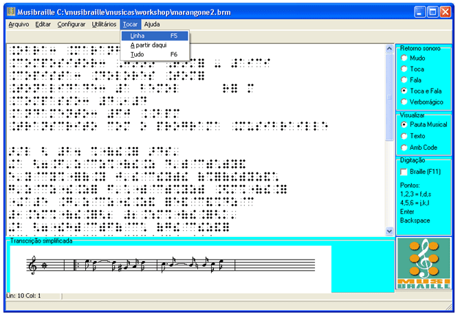 Figura 5 - Exemplo de funcionamento do software MusiBraille. Fonte:http://intervox.nce.ufrj.br/musibraille/textos.htm