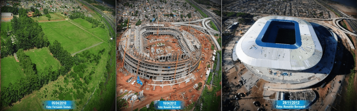 Figura 6 - Imagem da arena antes, durante e depois construção e depois de concluída. Fonte: http://zh.clicrbs.com.br/rs/esportes/gremio/pagina/os-detalhes-da-nova-casa-azul.html