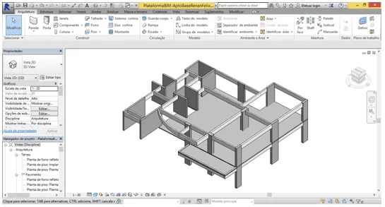Figura 6 - Esquema em três dimensões do conjunto estrutural do projeto base no Revit. Fonte: Autores (2015)