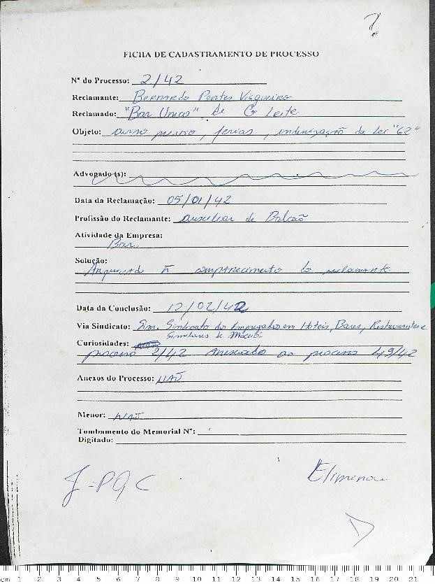 Figura 2 - Ficha de processo eliminado. Fonte: Acervo do Memorial Pontes de Miranda. Junta de Conciliação e Julgamento de Maceió.