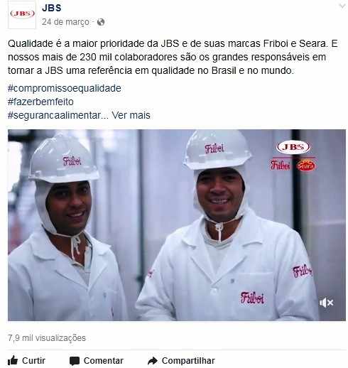 Figura 2: Vídeo publicado na fanpage da JBS em resposta a Operação Carne Fraca. Fonte: Facebook JBS (2017)