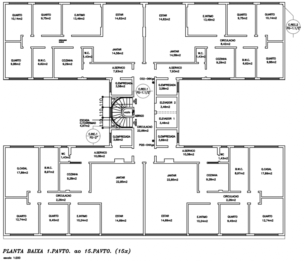 Figura 1 -  Planta Baixa Pavto Tipo (15x). Fonte: Edifício Estudado