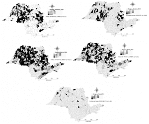 Figura 1 - Distribuição espacial das taxas de casos confirmados de Dengue por 100  mil habitantes dos municípios do Estado de São Paulo, Brasil, no período de Janeiro a Maio de 2015.