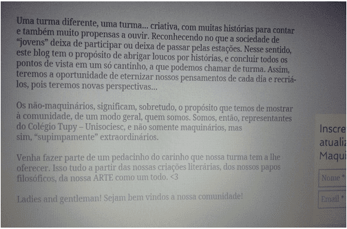 Figura 2 – Texto introdutório do Blog. Fonte – os autores