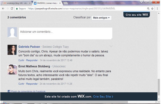 Figura 5 – Comentários feitos nas postagens do Blog. Fonte: os autores