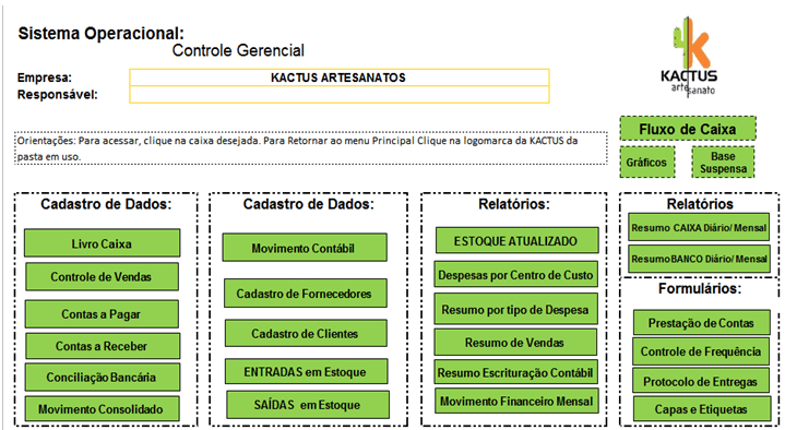 Print da aba inicial da planilha de controle gerencial esquematizada