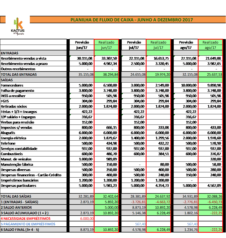 FIGURE 2: cash flow Worksheet filled from June to August 2017. Source: Worksheet created by Flávia Medrado, author of this article.