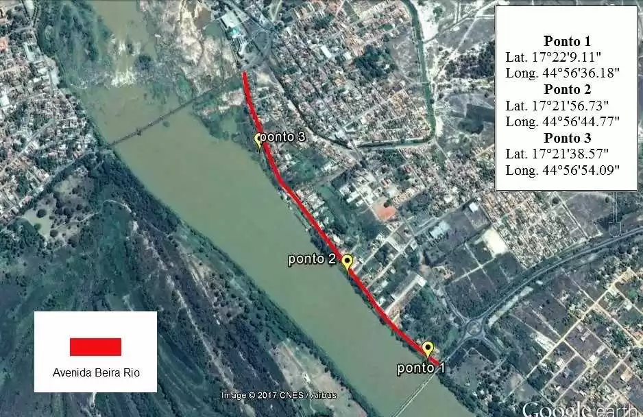 Figura 2: Pontos avaliados na área de mata ciliar. Fonte: Adaptado de Google Earth Pro (2017)