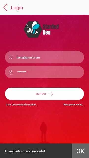 Figura 34: Tela de login com mensagem de erro de e-mail. Fonte: elaborada pelo autor
