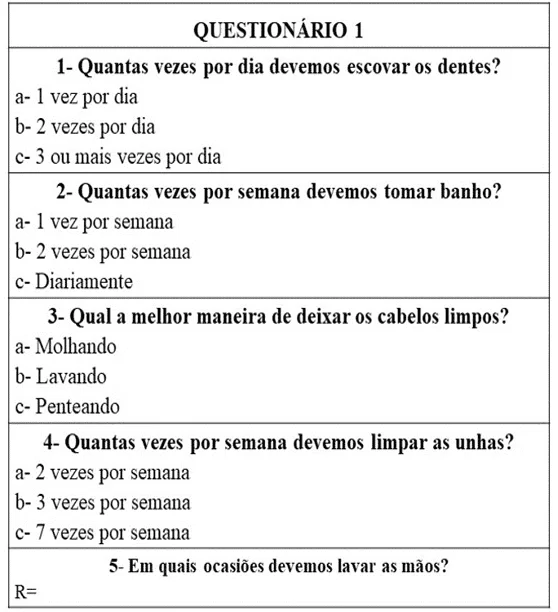 Perguntas questionário sobre higiene oral