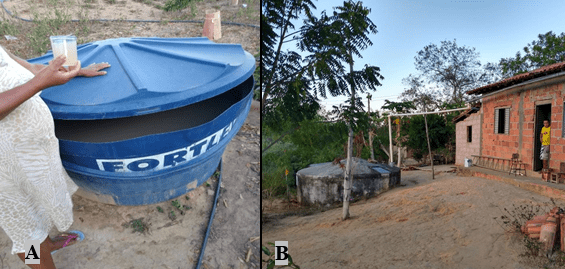 (A) Armazenamento de água de poço (B) Armazenamento de água em cisterna utilizada pelos moradores do Assentamento Jerusalém no município de Rubim-MG