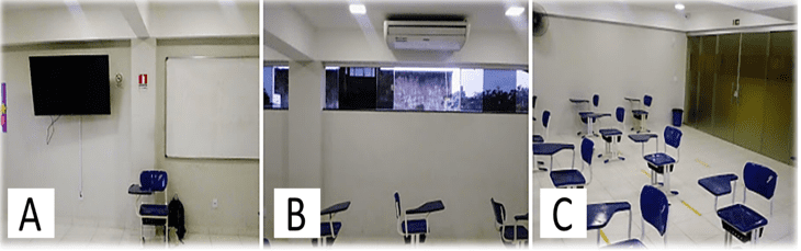 As salas de aula apresentam televisão com acesso à internet, quadro branco (A), ar-condicionado (B) e carteiras novas (C).