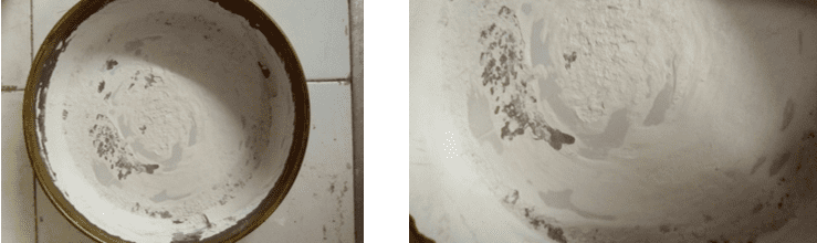 Gesso moído passante na 0,075mm, (b) detalhe do material fino, aglomerado, sem condições de peneiramento