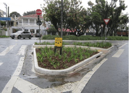 Jardim de chuva no cruzamento da Avenida Pedra Azul com a rua Muniz de Souza (região sul), instalados em meados de julho de 2021