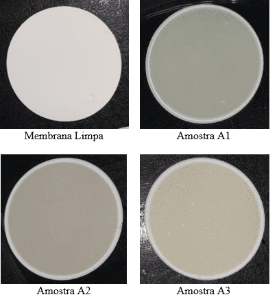 Comparação entre uma membrana limpa e as membranas utilizadas no processo de filtração da amostra de água coletada.