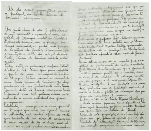 Ata que discute e implementa a fundação da Escola Técnica de Comércio Amapaense em 1949.