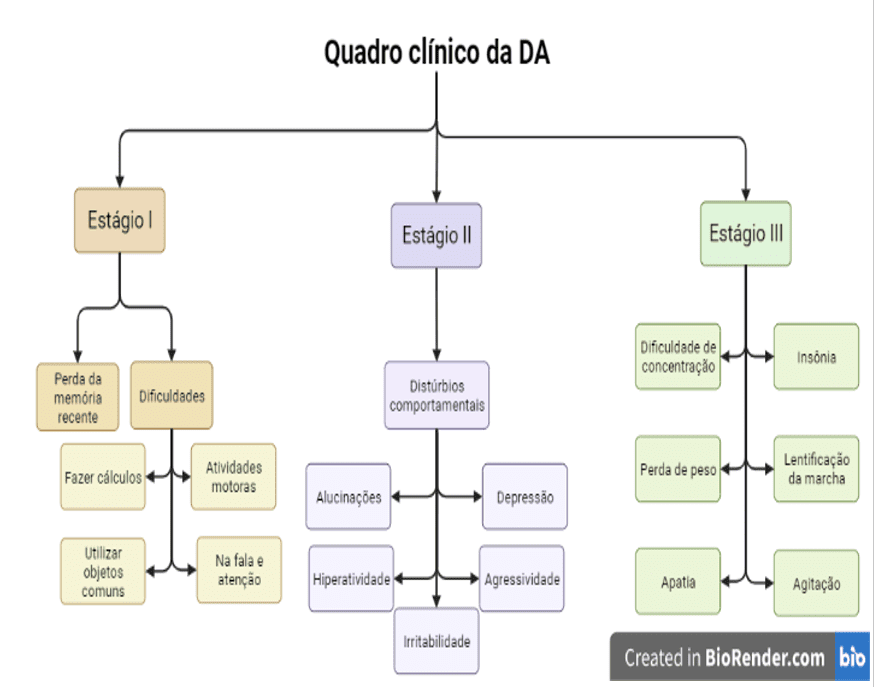Evolução sintomatológica da doença de Alzheimer de acordo com seu quadro clínico.