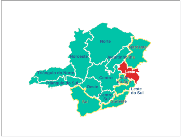 Mapa do estado de Minas Gerais, com destaque para a macrorregião leste de saúde, em vermelho