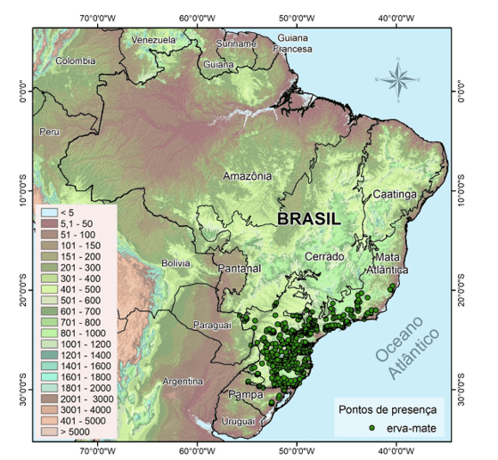 Ocorrência da erva-mate no Brasil sobre modelo numérico do terreno (Modelo Digital de Elevação - DEM) (WEBER, HASENACK e FERREIRA, 2004) adaptada de USGS (2018