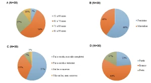 Análise de idade (A), sexo (B), escolaridade (C) e cor de pele (D) dos entrevistados