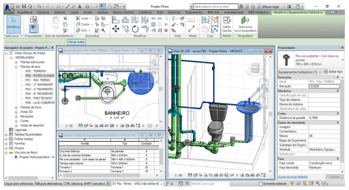 Layout Revit (2017) com representação de instalações hidros sanitárias