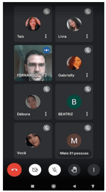 Print de tela da Reunião remota com os estudantes aprovados no PAED via Google Meet