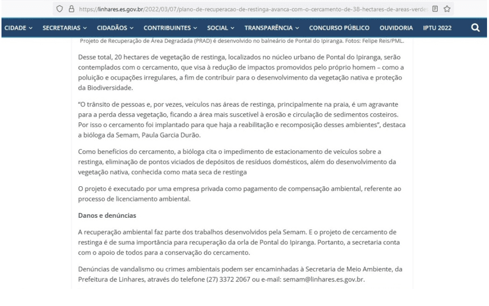 Publicidade presente na página institucional da Prefeitura Municipal De Linhares - ES.