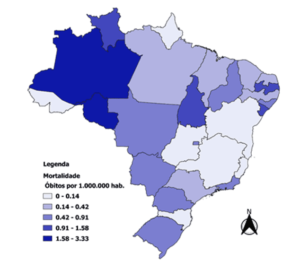 Distribuição espacial da mortalidade por Covid-19 entre os profissionais jornalistas nos estados brasileiros.