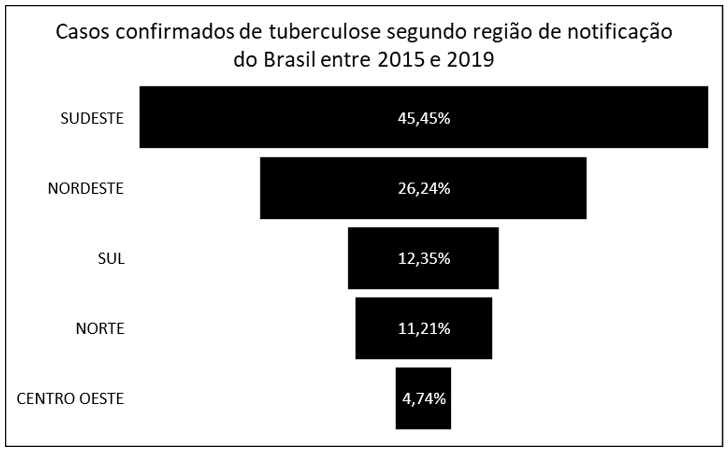 Neste gráfico podemos verificar a porcentagem de casos confirmados de tuberculose (TB) segundo a região do Brasil no quais foram notificados, entre os anos de 2015 e 2019.