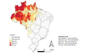 Mapa de transmissão de malária por município de infecção no Brasil em 2021