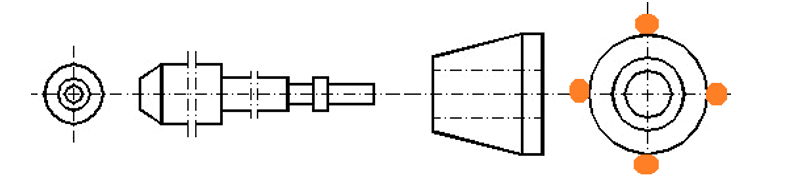 Pontos equidistantes da circunferência do corpo de prova.
