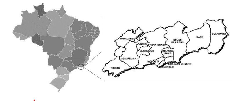 Localização geográfica dos municípios que compõem a Região da Baixada Fluminense, RJ