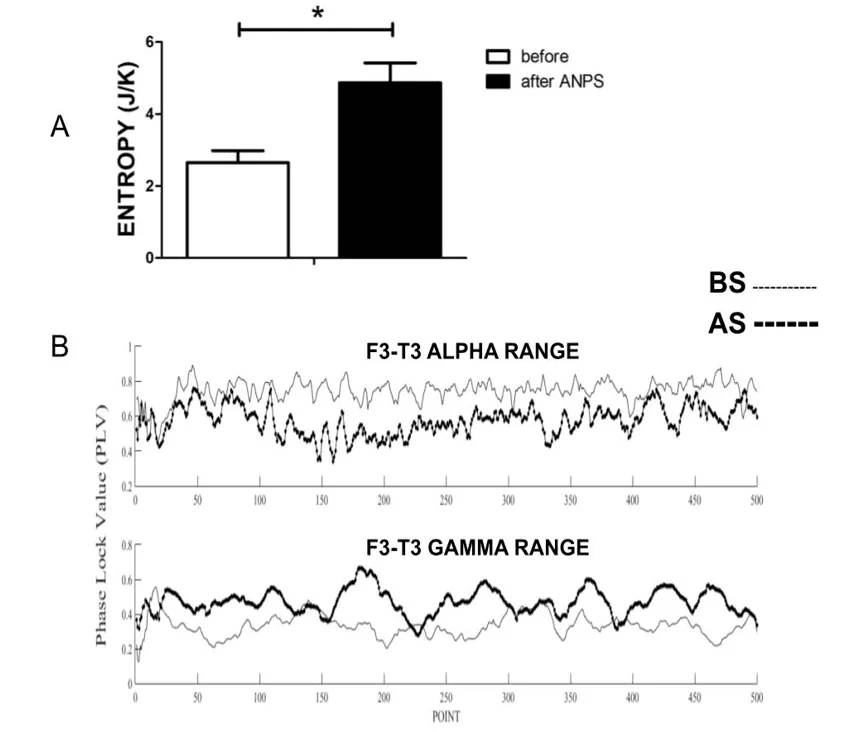 Entropy and PLV analysis. 1. A. Entropy. The ANPS induced an increase in entropy values of EEG recordings after ANPS p0.05, paired t-test.