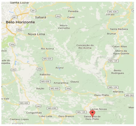 Localização regional de Santa Rita de Ouro Preto. Fonte: Google Earth (2016).