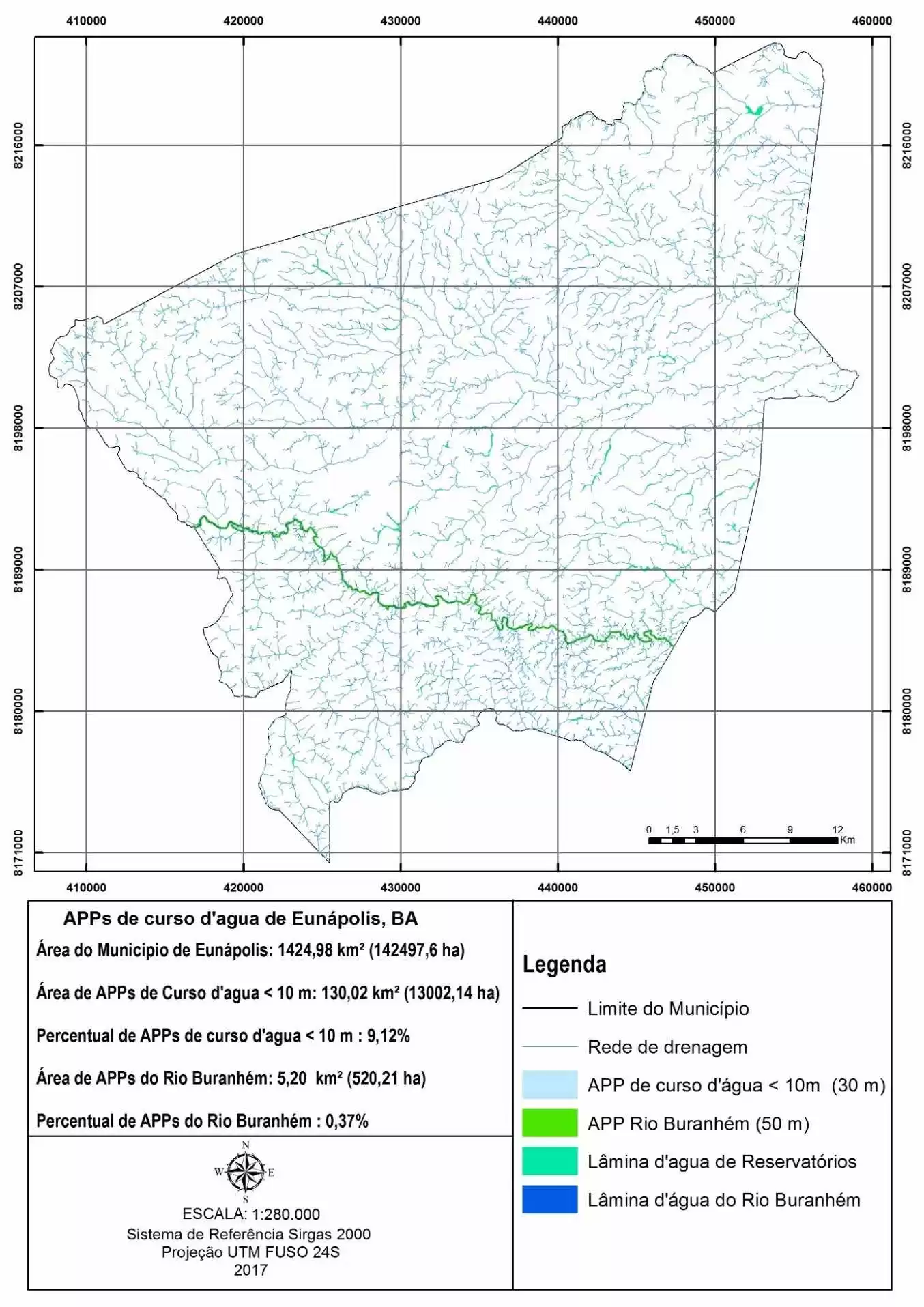Área de preservação permanente dos cursos d’agua no município de Eunápolis, BA. Fonte: O autor