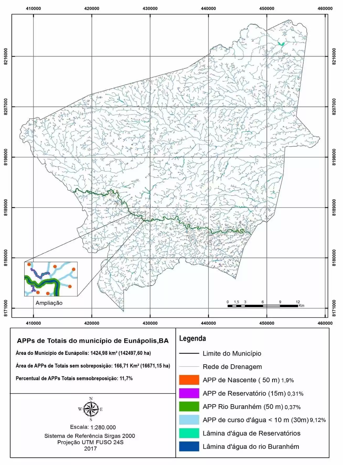 Áreas de preservação permanente totais no município de Eunápolis, BA. Fonte: O autor