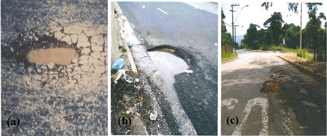 Figura 13 - Fotografia de panelas ou covas com poça de água dentro (a), na lateral da rodovia (b) e no centro da rodovia (c). Fonte: Pinto, 2003, p. 53; Silva, 2008, p. 35.
